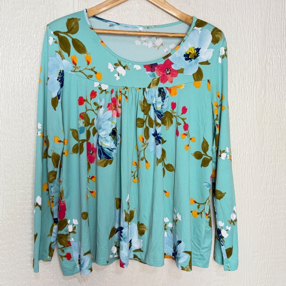 POPYOUNG Women XL Floral Pajama Set Turquoise Long Sleeve Top Wide Leg Pants